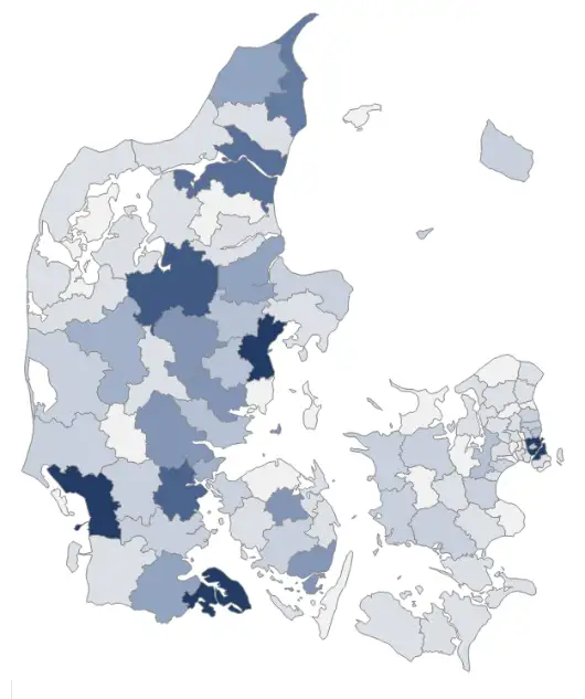 Besk&aelig;ftigede i Det Bl&aring; Danmark fordelt p&aring; kommuner